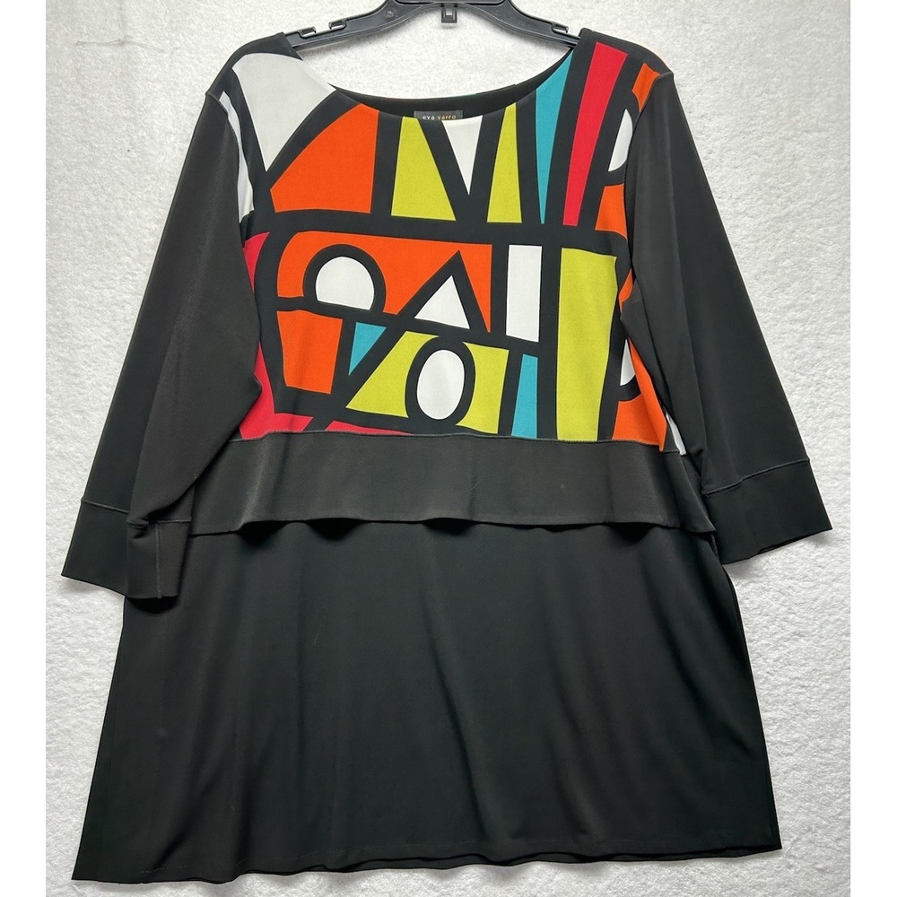 Eva Varro Womens Size 2XL Black Colorblock 3/4 Sleeve Scoop Neck Top (J13)